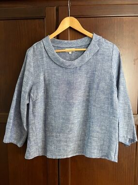 Lina Tomei Eurosummer Tailored 100% Linen Round Soft-Fold Scoop Neck blouse sz L